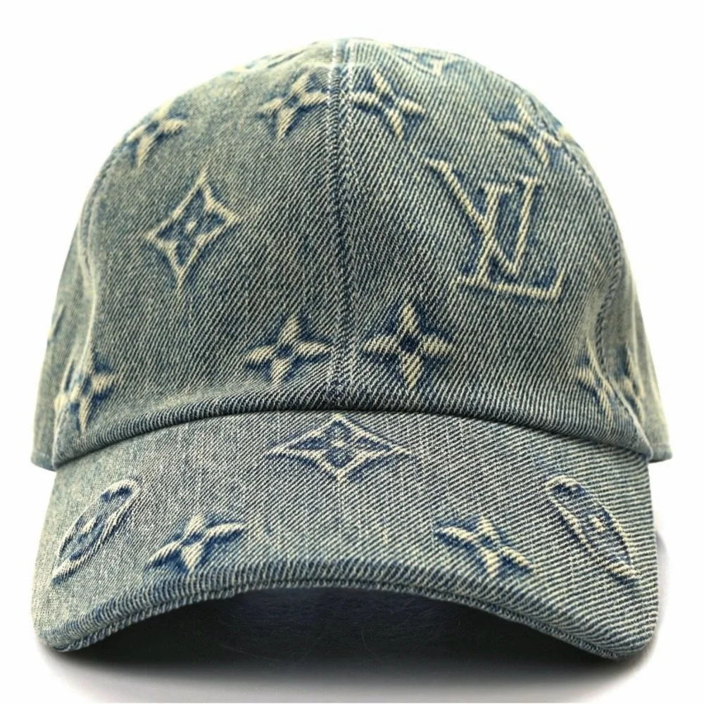 Monogram Denim Embossed Baseball Cap Hat Stiff Logo Canvas Leather Back Strap - Picture 4 of 10
